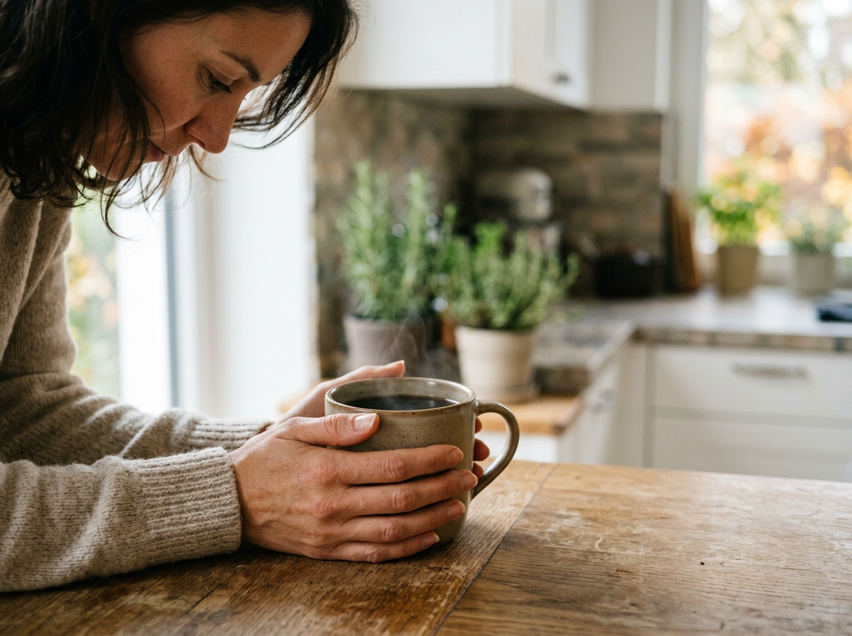 Ręce trzymające kubek kawy w ciepłej kuchni, symbolizujące energię na diecie keto menu.