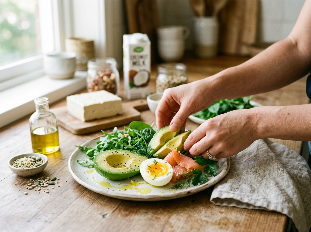 Ręce układające apetyczny posiłek keto z awokado, łososiem i świeżymi warzywami. Idealna dieta keto co jeść.