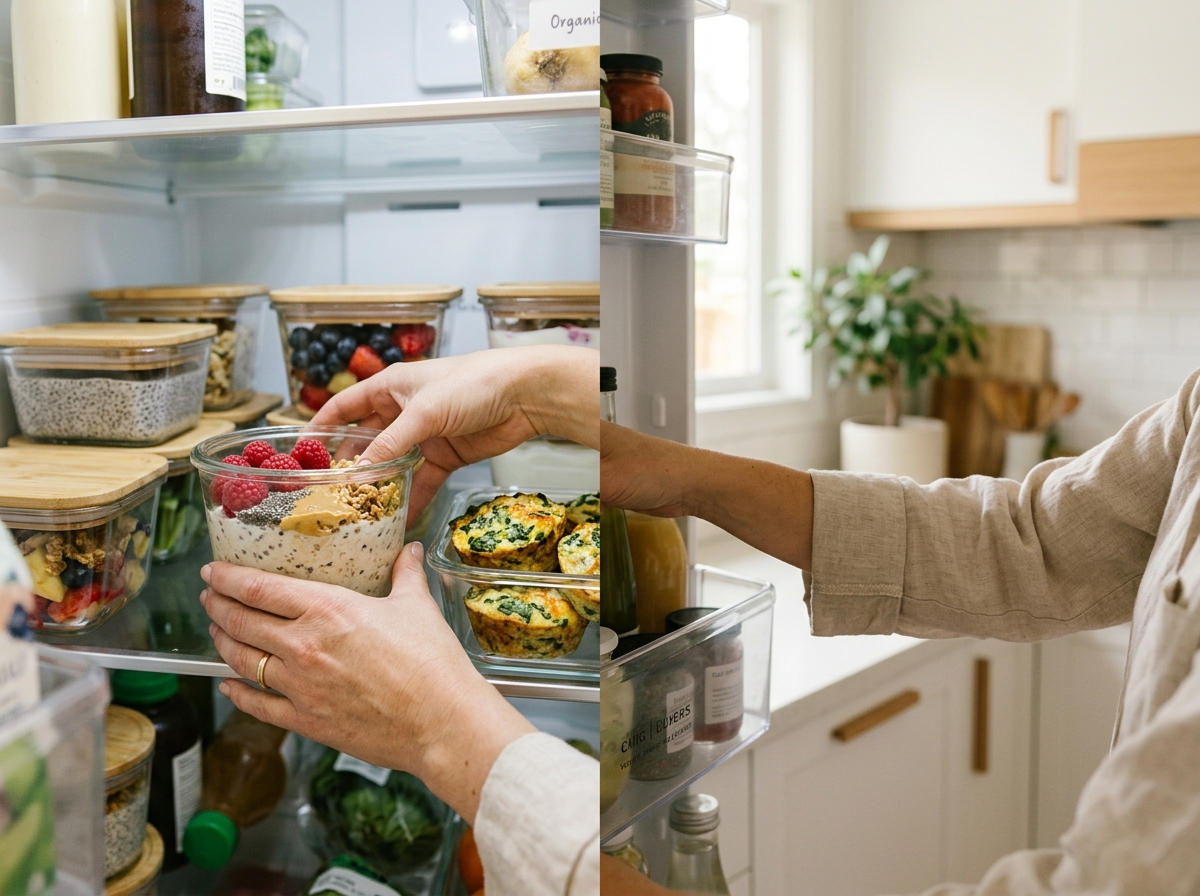 Ręce układające pojemniki z gotowymi śniadaniami, takimi jak nocna owsianka, w lodówce. Organizacja śniadania przepisy.