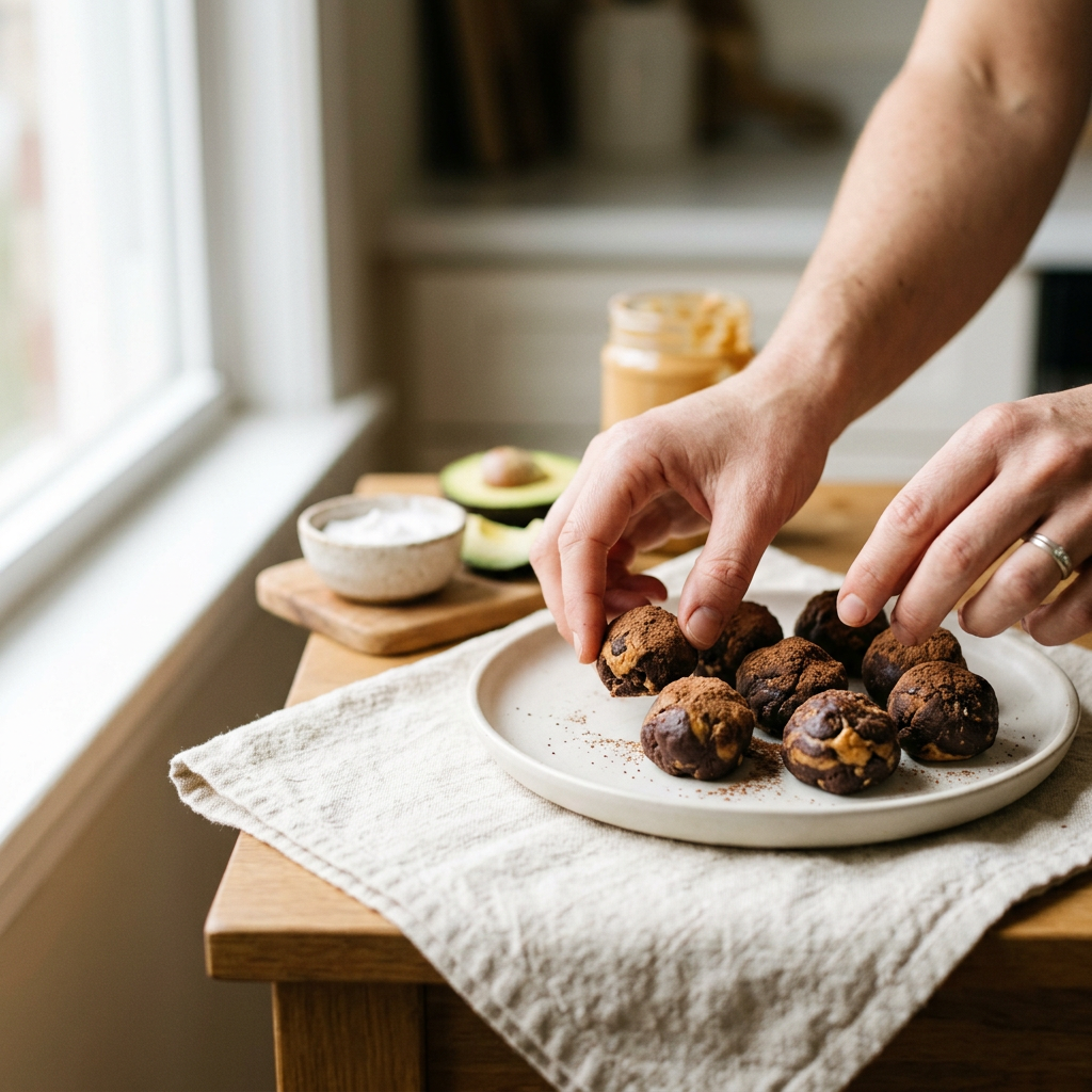 Ręce układające pyszne keto bomby tłuszczowe z masłem orzechowym, obok składników dla keto dieta przepisy.