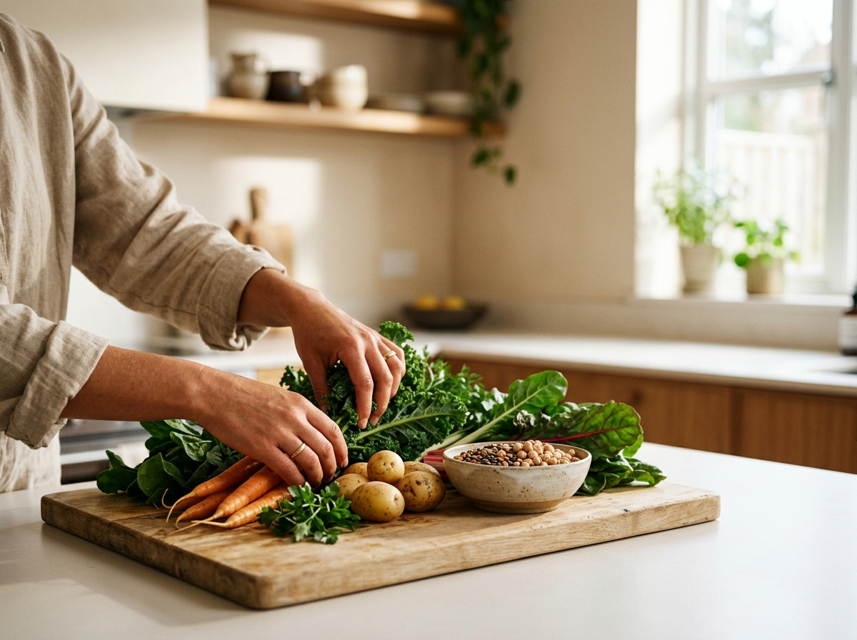 Ręce układające świeże, sezonowe warzywa i nasiona strączkowe na desce. Zdrowa dieta bez fortuny.