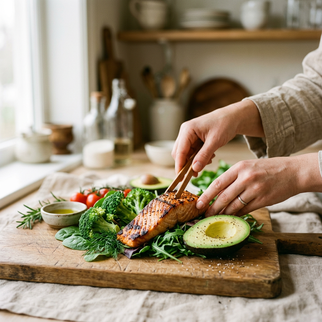 Ręce układające świeże warzywa, awokado i łososia na desce, symbolizujące łatwą low carb dietę.