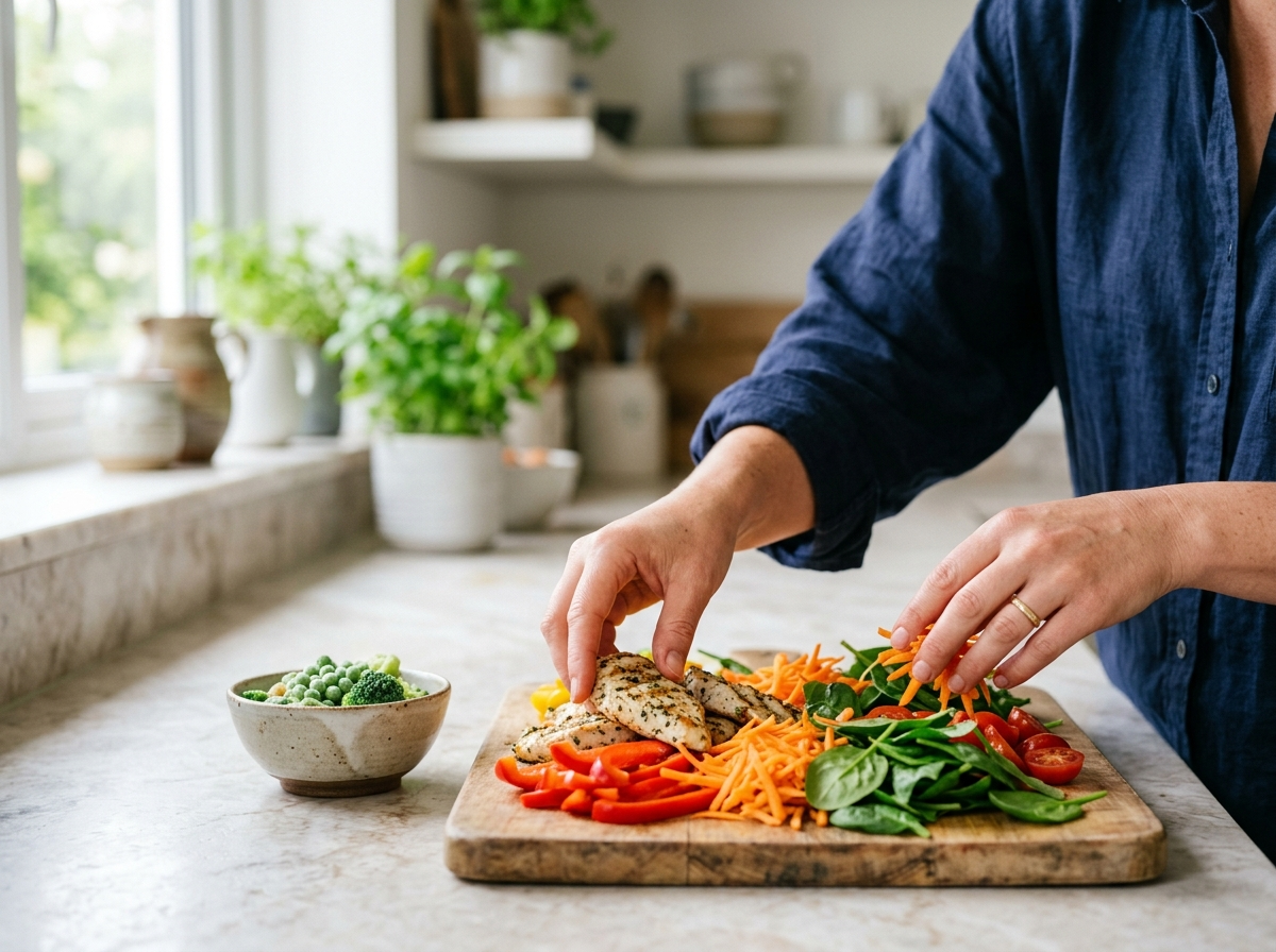 Ręce układające świeże warzywa i białko na desce, symbolizujące zdrową dietę na redukcję.