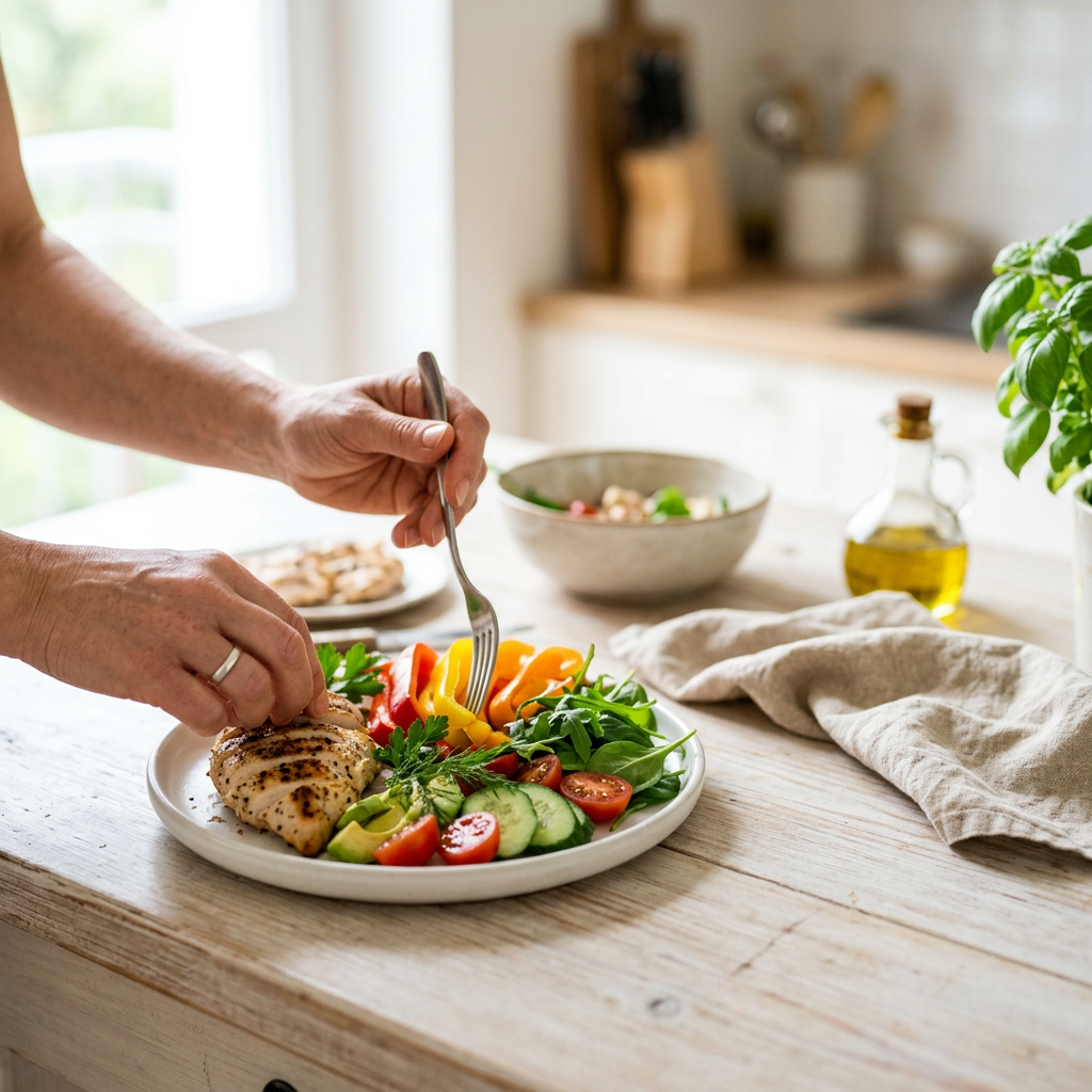 Ręce układające świeże warzywa i grillowanego kurczaka na talerzu, idealne na dieta low carb przepisy.