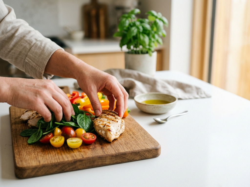 Ręce układające świeże warzywa i kurczaka na desce, symbolizujące zdrowy jadłospis diety odchudzającej.