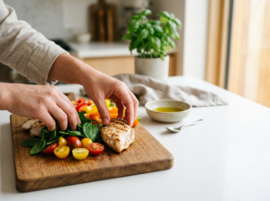 Ręce układające świeże warzywa i kurczaka na desce, symbolizujące zdrowy jadłospis diety odchudzającej.