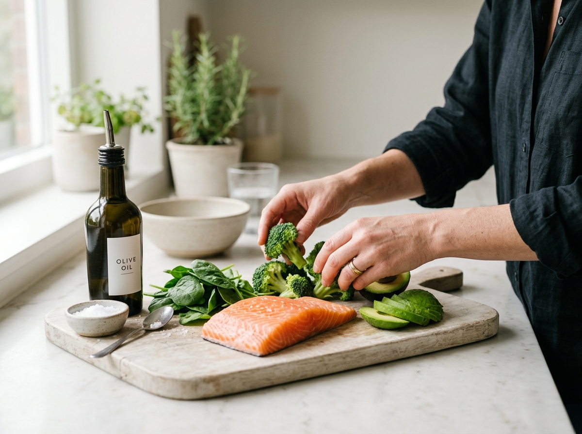 Ręce układające świeże, zdrowe składniki na kuchennym blacie, symbolizujące łatwą dietę ketogenną.