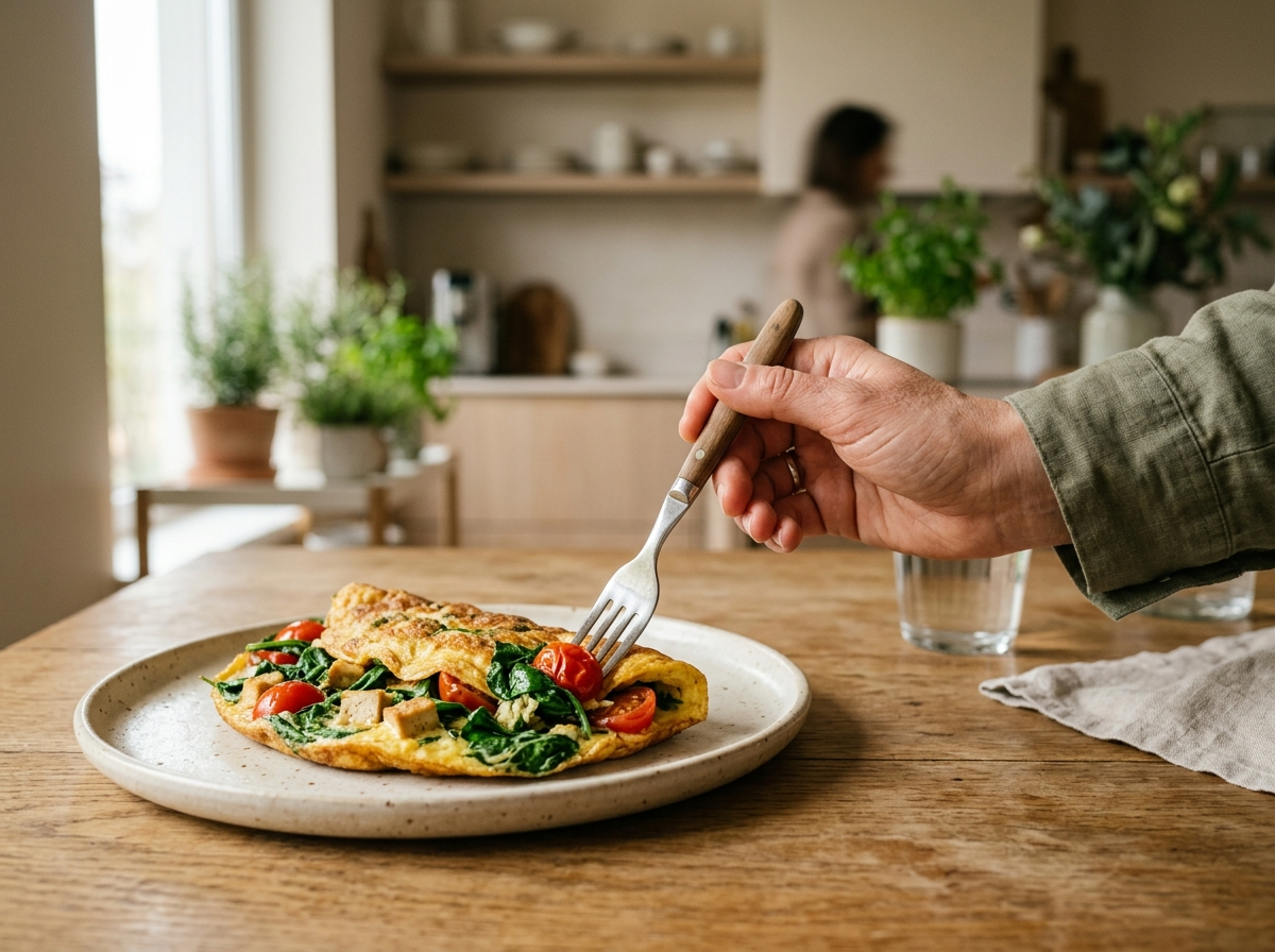 Ręka sięga po pyszny, puszysty omlet z warzywami, idealne fit śniadanie na dobry początek dnia.