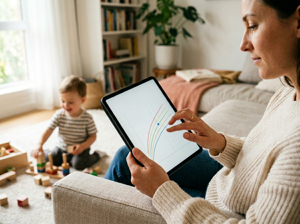 Rodzic analizuje wykres centylowy na tablecie, obok bawi się dziecko. Przewodnik po kalkulator bmi dla dzieci.