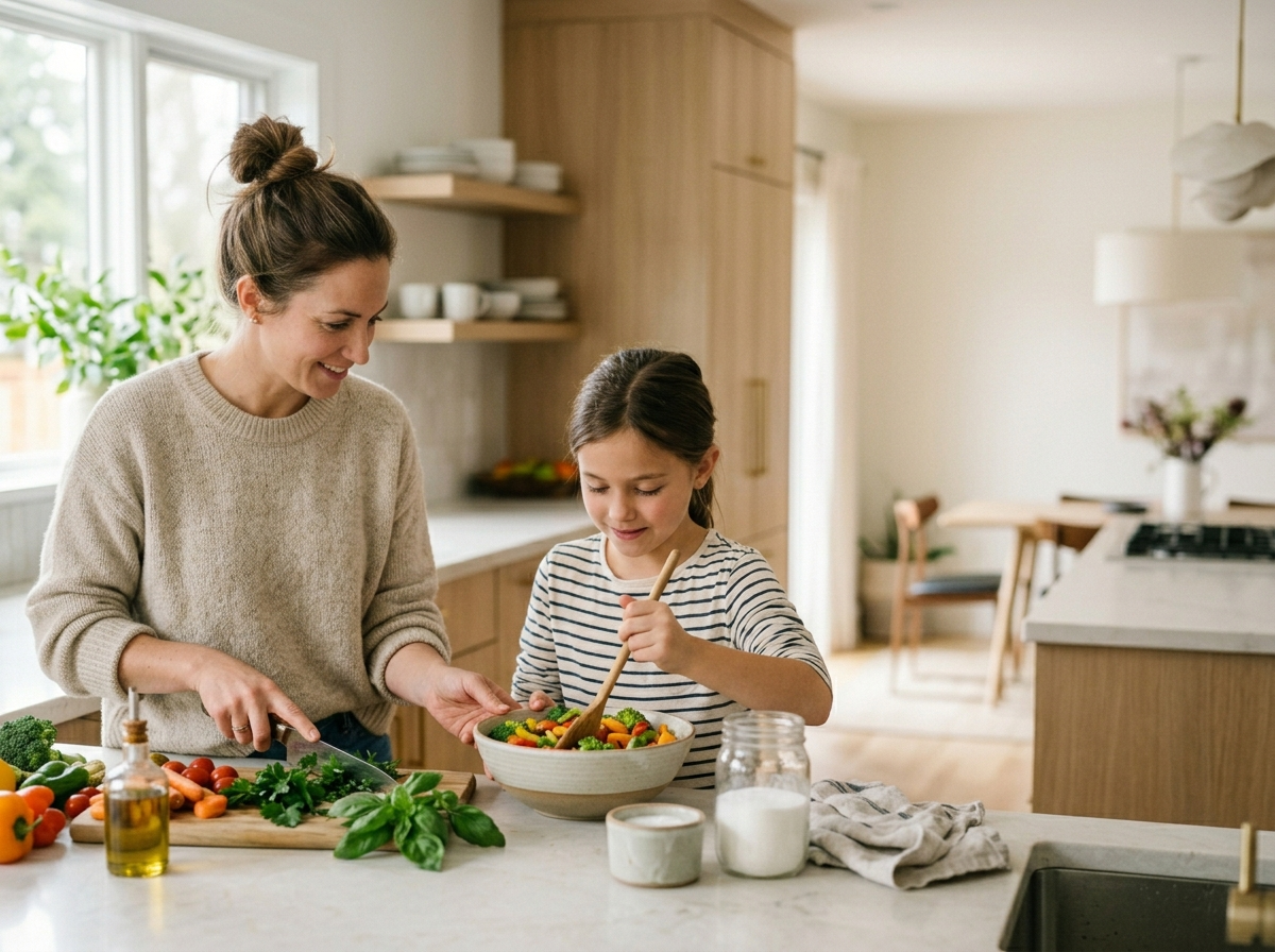 Rodzic i dziecko wspólnie gotują zdrowy posiłek, promując świadome nawyki i kalkulator bmi dla dzieci.