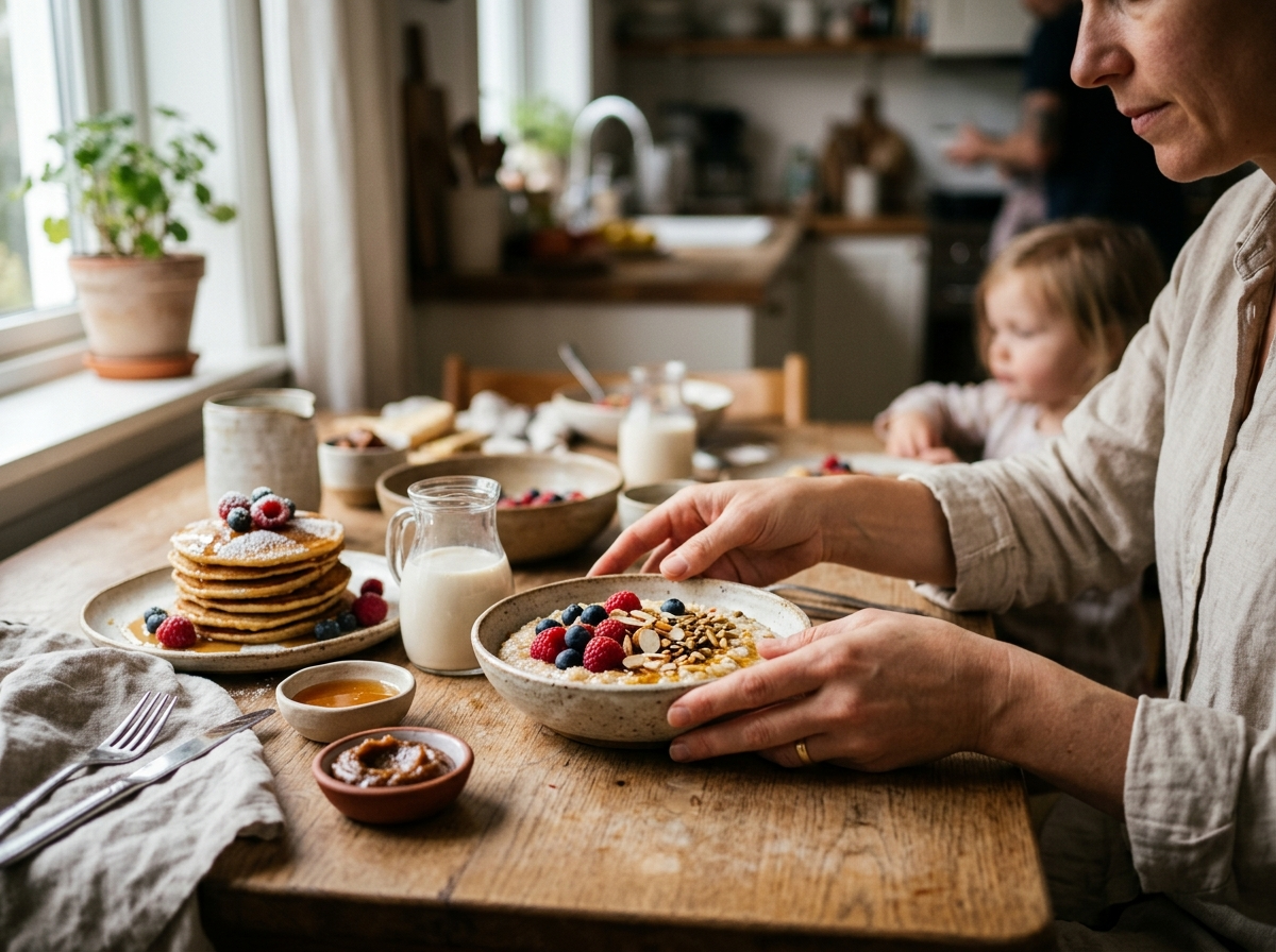 Rodzinne śniadanie na słodko z różnorodnymi zdrowymi opcjami, w tym owsianka i bezglutenowe naleśniki.