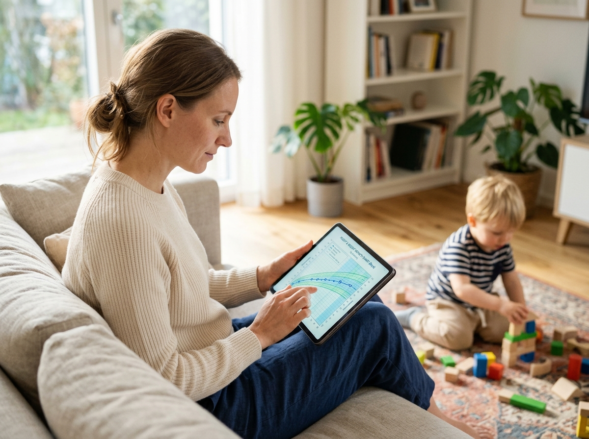 Spokojna matka analizująca siatki centylowe na tablecie, z dzieckiem bawiącym się w tle, ilustrując kalkulator BMI dzieci.