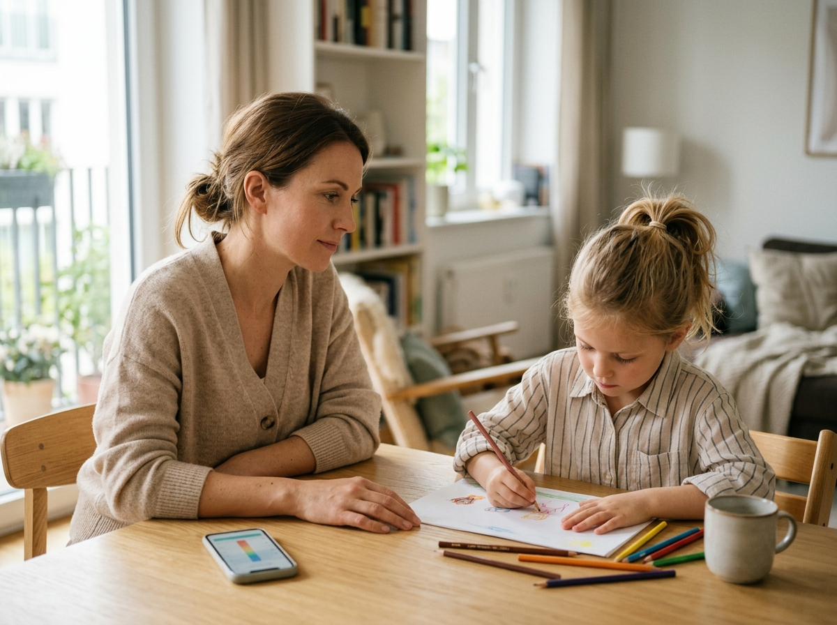 Spokojna matka obserwująca rysujące dziecko, z tabletem i kalkulatorem wzrostu na stole.