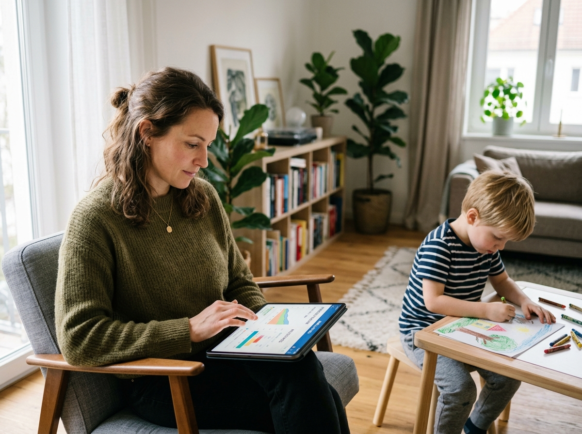 Spokojny moment, gdy rodzic analizuje wyniki bmi dla dzieci na tablecie, obok bawiące się dziecko.