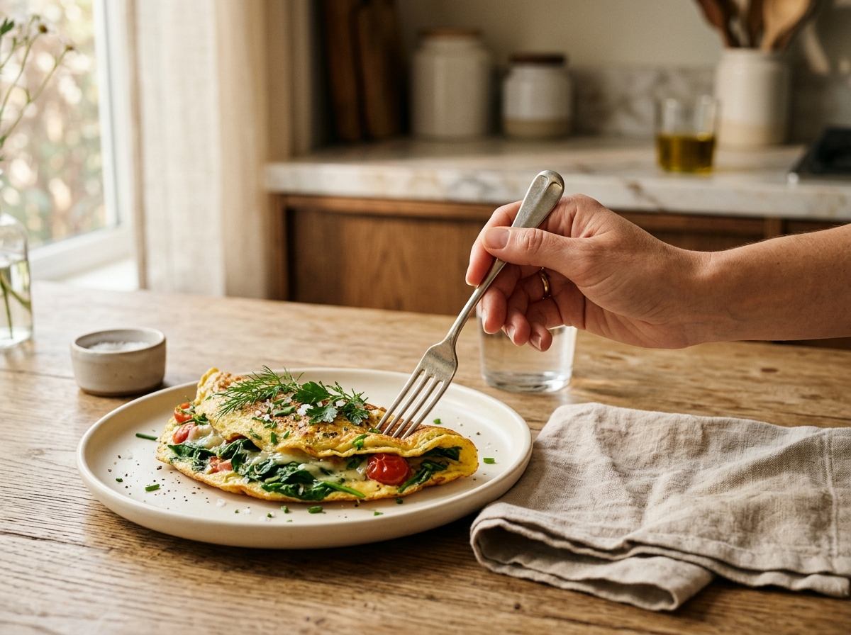 Świeży, zielony omlet ze szpinakiem i jajkami, idealne dietetyczne śniadanie, z ręką sięgającą po widelec.