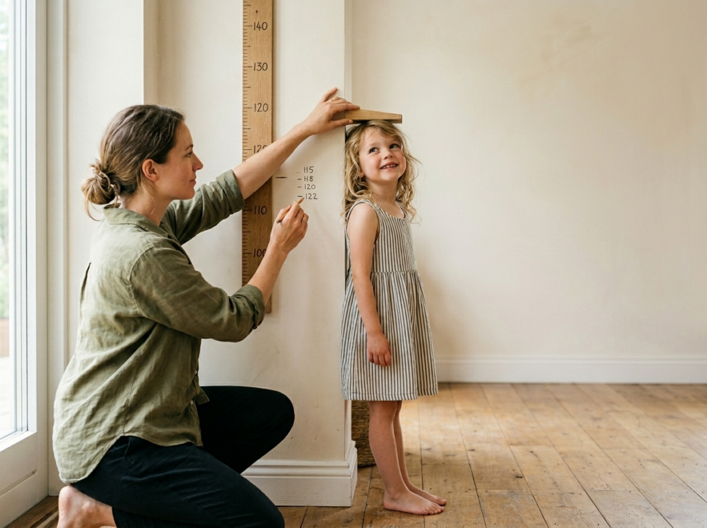 Uśmiechnięte dziecko mierzone przez matkę w domu, istotne dla oceny bmi dzieci kalkulator.