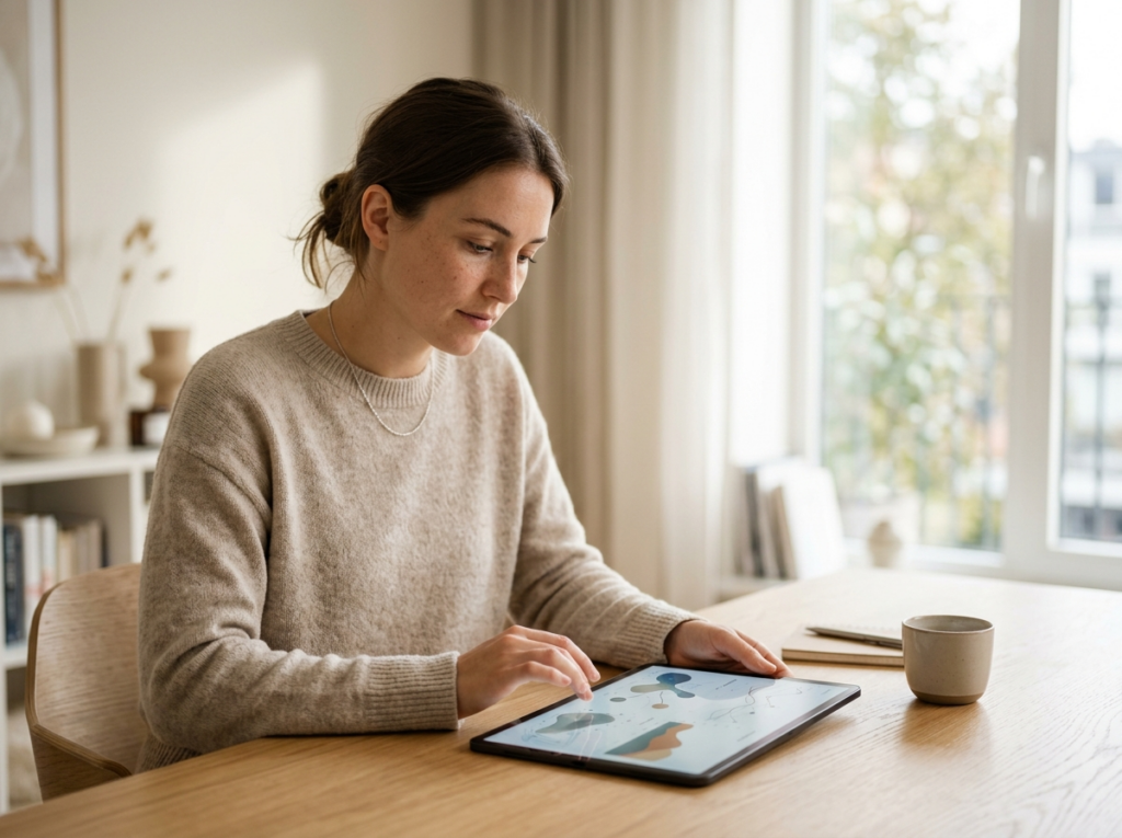 Zamyślona młoda osoba używa tabletu, badając swój potencjalny kalkulator wzrostu.