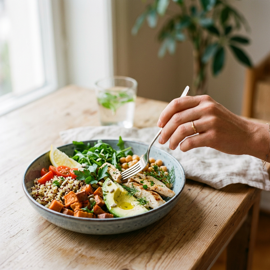 Zbliżenie dłoni sięgającej po kolorowy, świeży posiłek, idealny jako zdrowe przepisy.