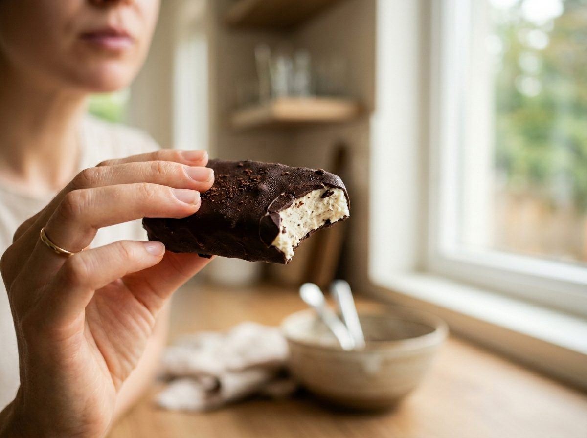 Zbliżenie na dłoń trzymającą domowy baton twarogowy w czekoladzie, idealny jako posiłki na redukcję.