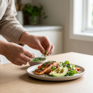 Zbliżenie na dłonie dekorujące świeży, kolorowy posiłek low carb dieta na nowoczesnym talerzu.