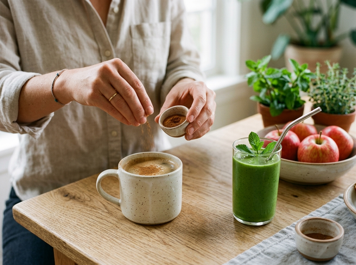 Zbliżenie na dłonie dosypujące cynamon do kawy, obok zdrowe smoothie i świeże jabłka, idealne śniadania przepisy.