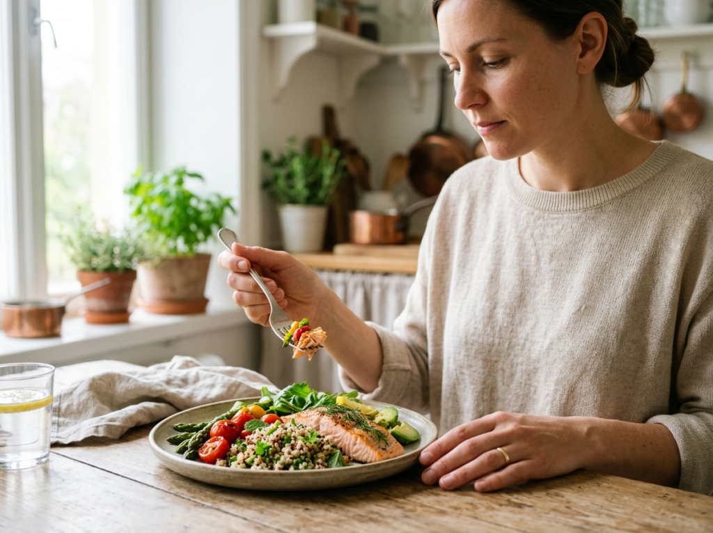 Zdjęcie rąk delektujących się pięknie ułożonym, zdrowym posiłkiem, idealnym dla dieta na redukcję.